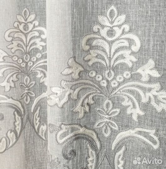 Тюль под лён Мережка Дамаск двухцветная вышивка