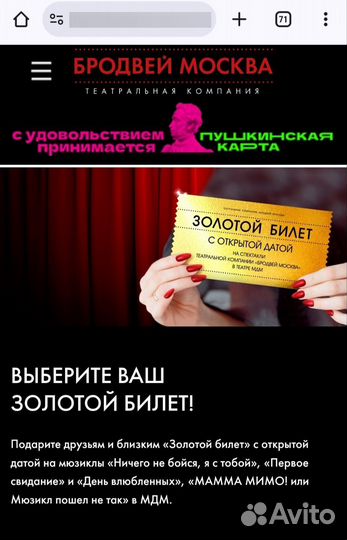 Золотой билет Мюзиклы номинал 7000