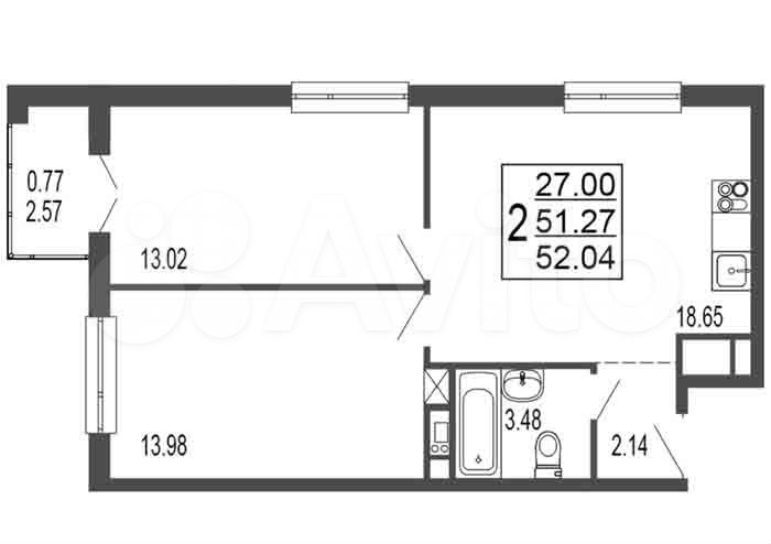 2-к. квартира, 51,3 м², 15/17 эт.
