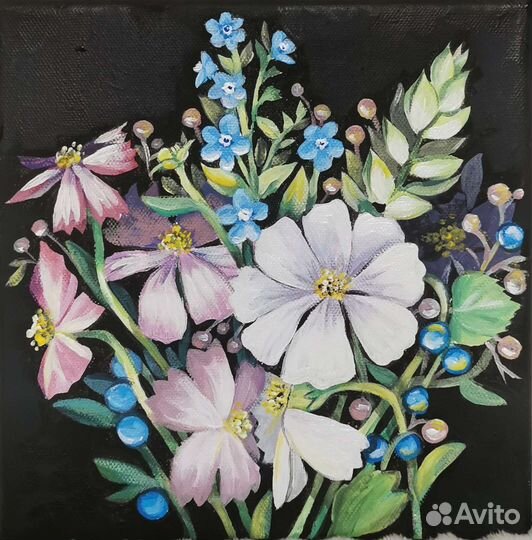 Картина, букет цветов, акрил на холсте, 20*20 см