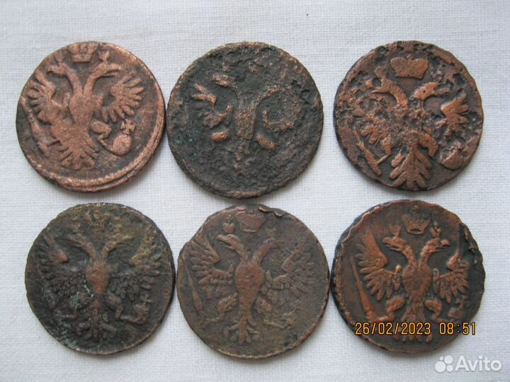 Монеты царские медные денга 1734-1749 год -6 шт
