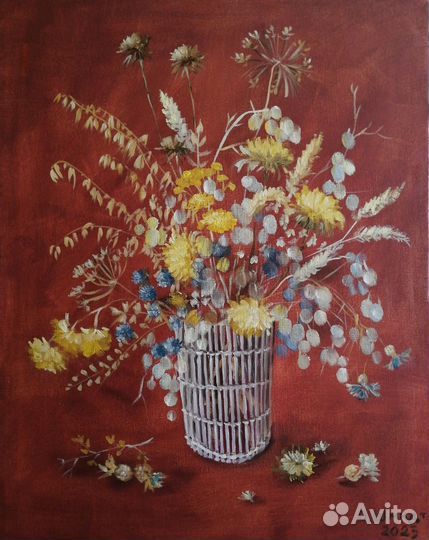 Сухоцветы. Картина маслом на холсте с подрам 50х40