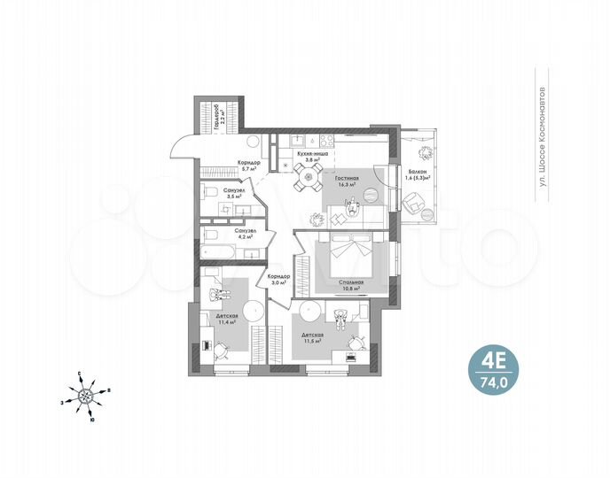 4-к. квартира, 74 м², 12/24 эт.