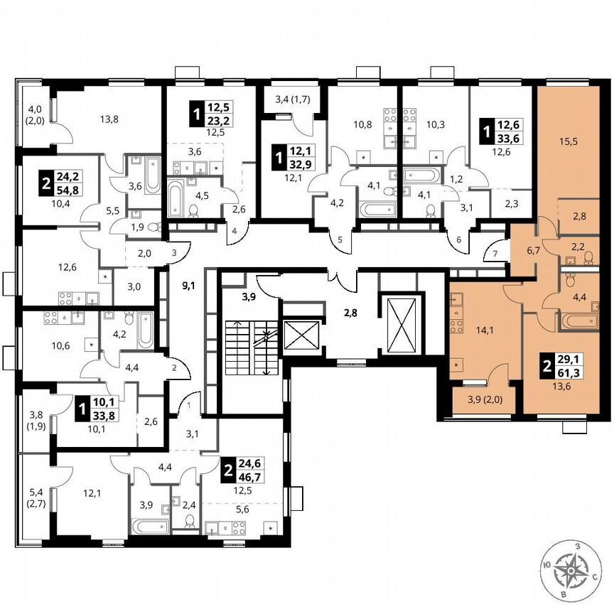 2-к. квартира, 61,3 м², 8/16 эт.