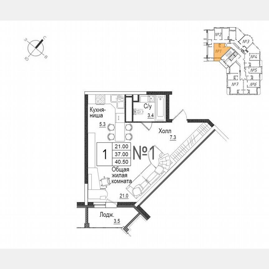 Квартира-студия, 40,8 м², 17/17 эт.