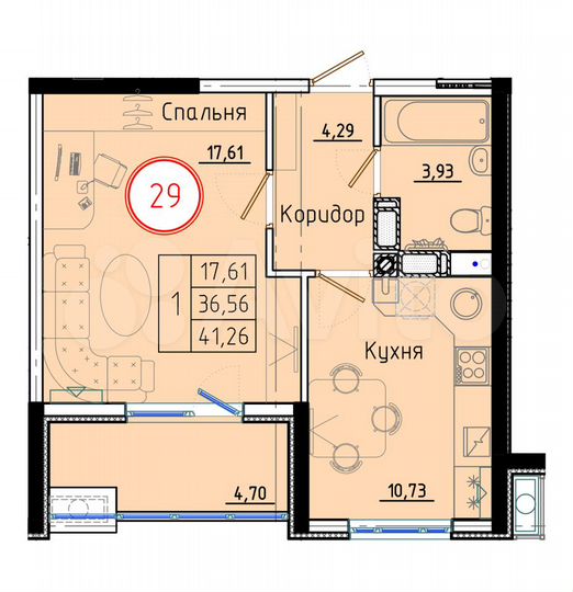 1-к. квартира, 41,3 м², 5/8 эт.