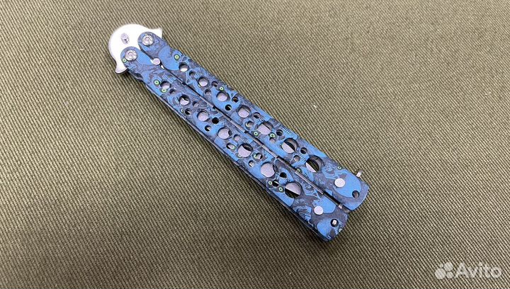 Тренировочный нож-бабочка Синий Череп