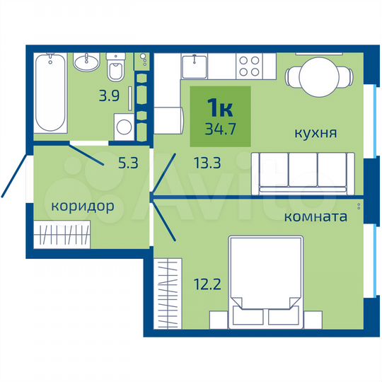 1-к. квартира, 34,7 м², 2/10 эт.