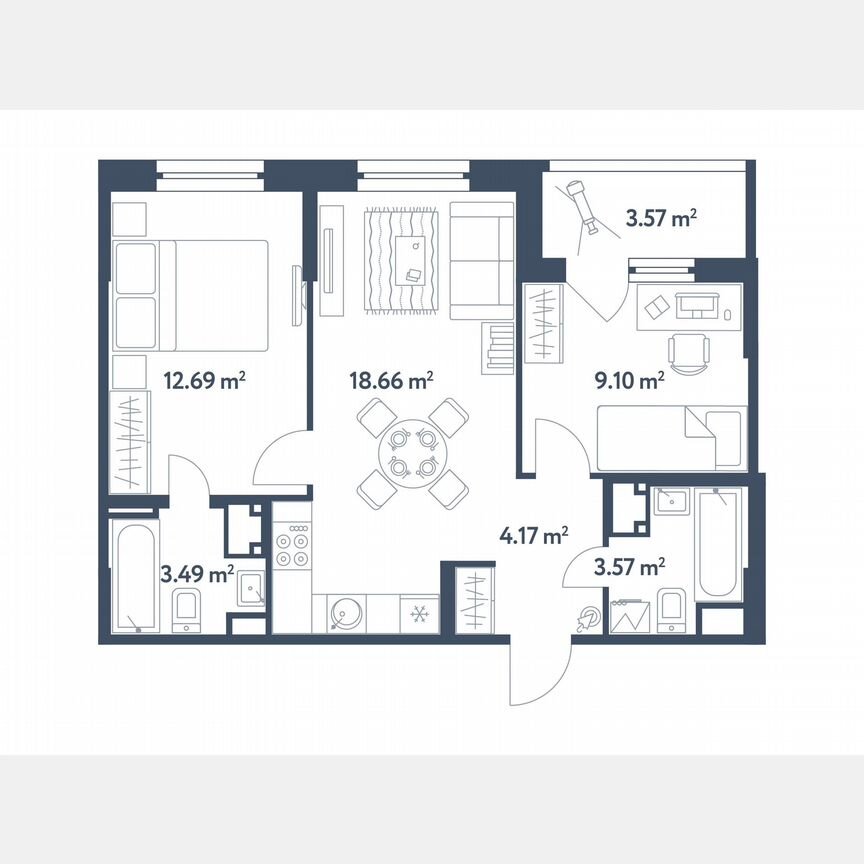 2-к. квартира, 53,5 м², 13/25 эт.