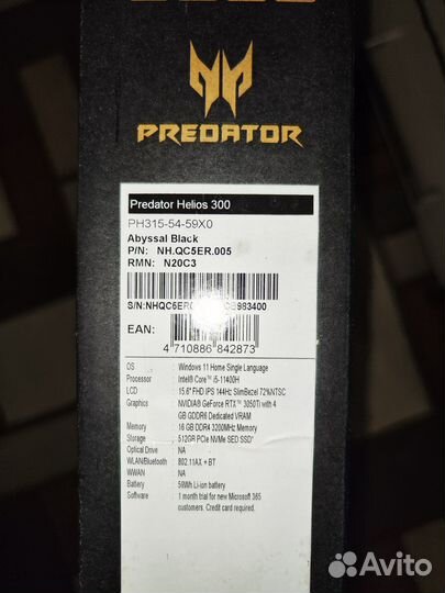 Acer Predator helios 300 rtx 3050ti.64gb озу