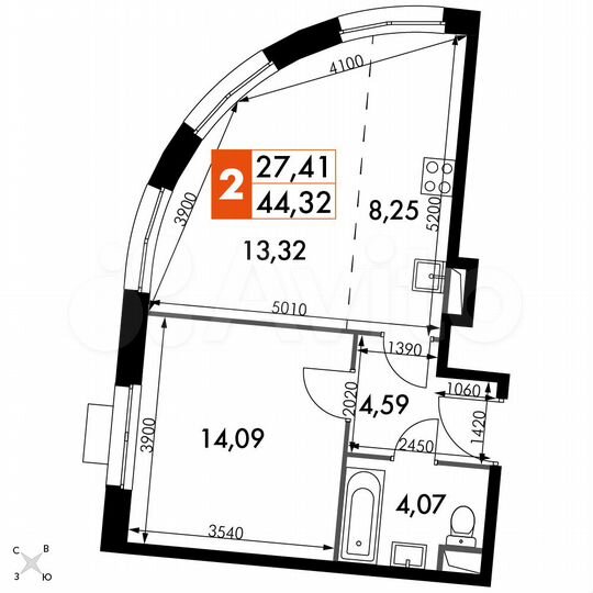 2-к. апартаменты, 44,3 м², 8/15 эт.