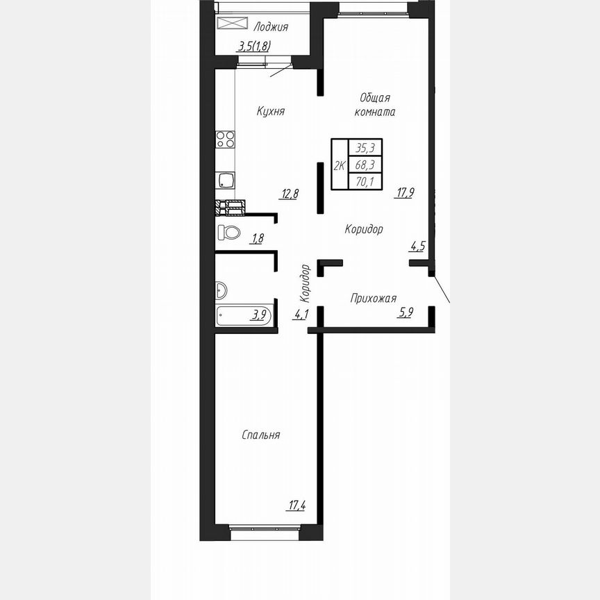2-к. квартира, 70,1 м², 5/17 эт.
