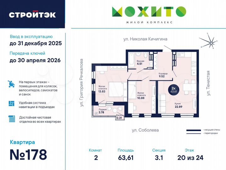 2-к. квартира, 63,6 м², 20/26 эт.