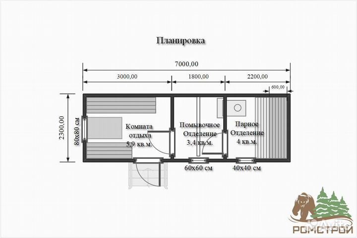 Баня из бруса под ключ 7x2.3м