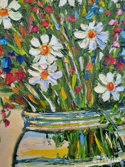 Картина маслом с цветами ромашки натюрморт холст