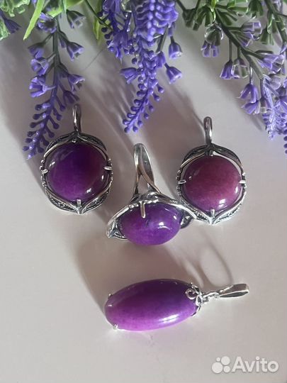 Серьги кольцо кулон с халцедоном 18