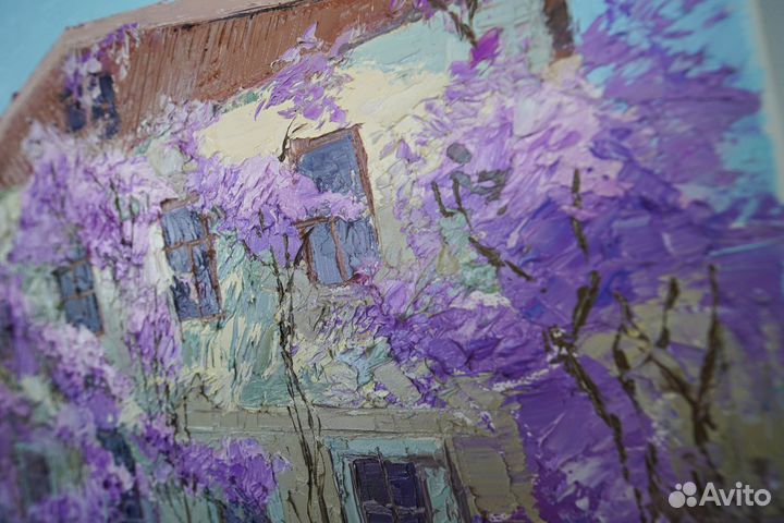 Картина маслом на холсте пейзаж с глицинией