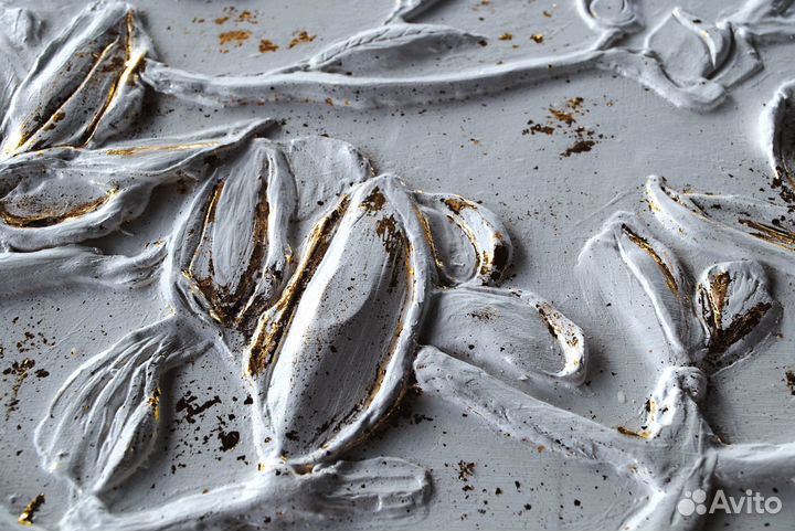 Гипсовый барельеф ботанический Картина магнолия