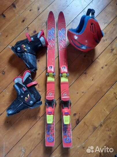 Горные лыжи детские 100, ботинки 225, шлем