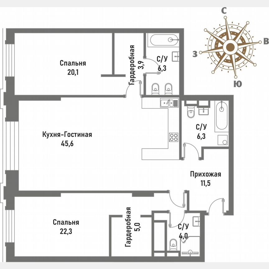 2-к. квартира, 122,3 м², 3/15 эт.