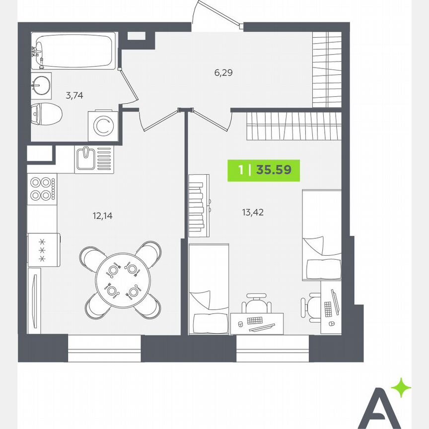 1-к. квартира, 35,6 м², 1/12 эт.