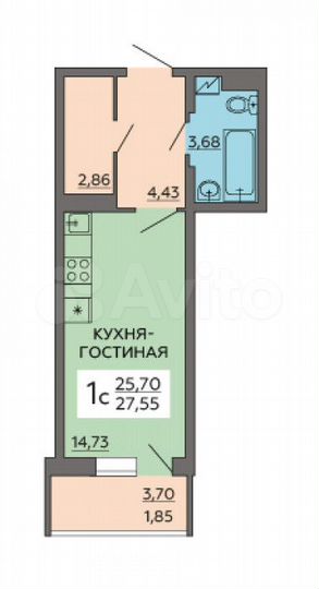 Квартира-студия, 27,6 м², 7/19 эт.