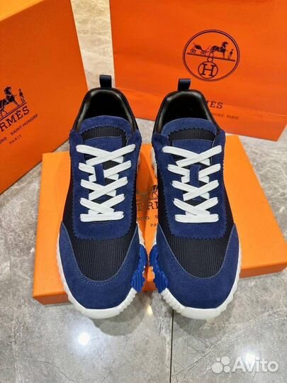 Мужские кроссовки Hermes текстиль замша синие