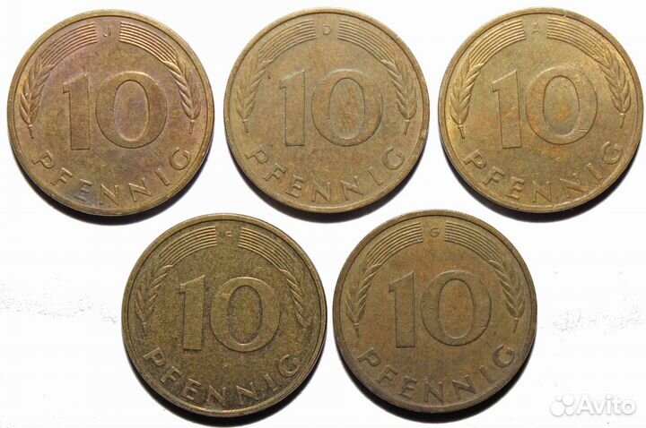 Набор из 5 монет 10 пфеннигов Германия фрг. VF-XF