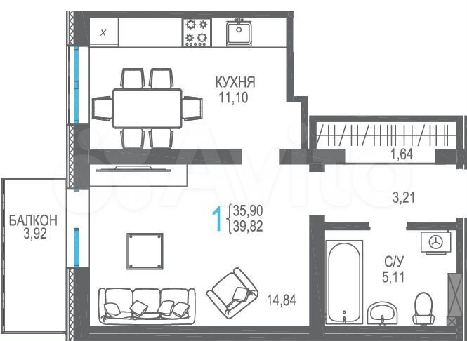 1-к. квартира, 39,8 м², 4/16 эт.