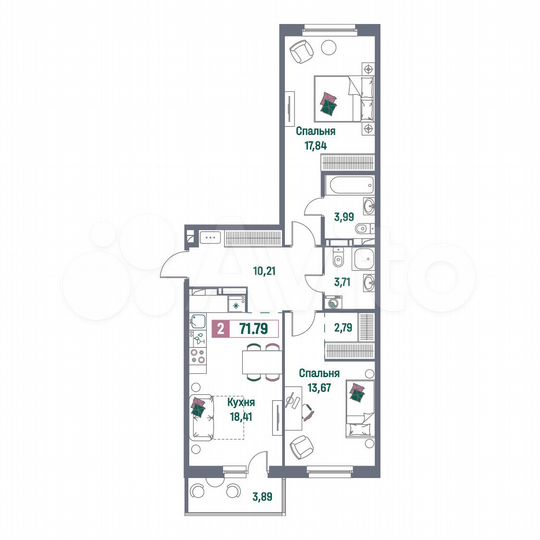 2-к. квартира, 71,8 м², 9/16 эт.