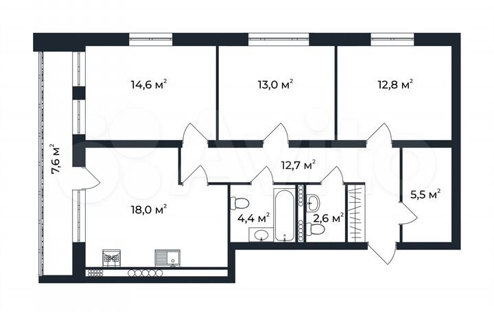 3-к. квартира, 87,4 м², 2/5 эт.