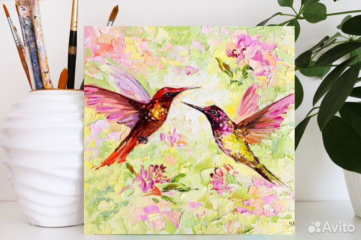Картина маслом ручной работы птицы колибри и цветы