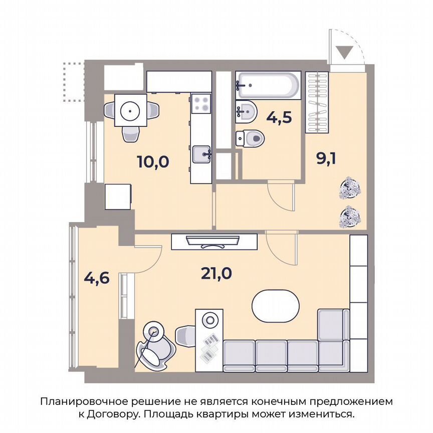 1-к. квартира, 49,4 м², 9/15 эт.