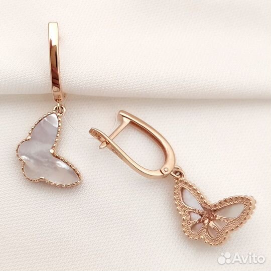 Золотые серьги подвески бабочки перламутр