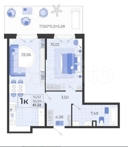 1-к. квартира, 61,2 м², 1/14 эт.