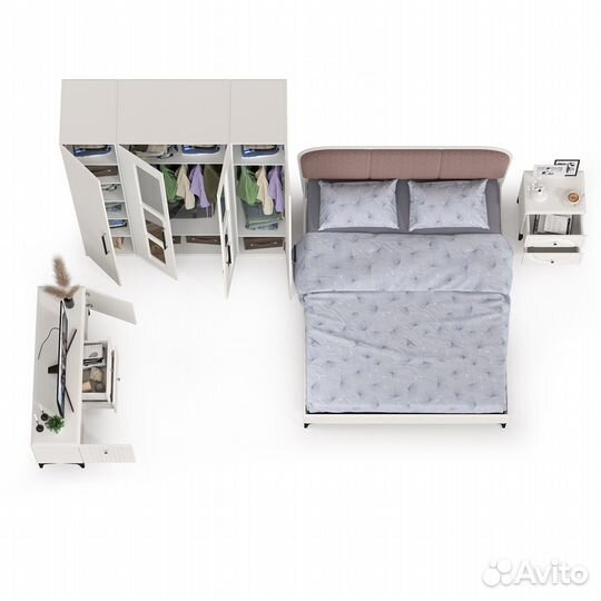 Спальня Валенсия № 44 с тумбой под тв и кровать с мягкой спинкой, цвет белый шагрень/ткань велутто