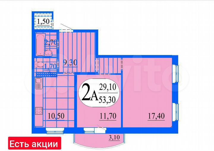 2-к. квартира, 53,3 м², 11/16 эт.