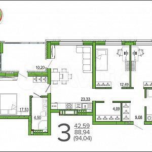 3-к. квартира, 94,3 м², 9/16 эт.