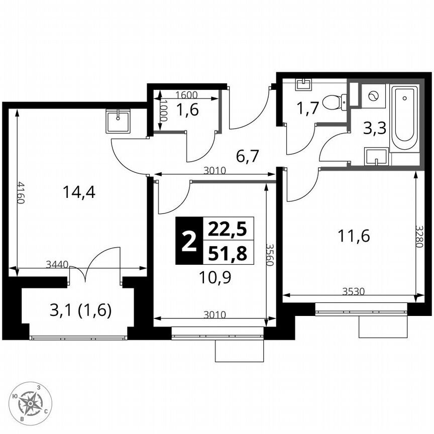 2-к. квартира, 51,8 м², 22/24 эт.