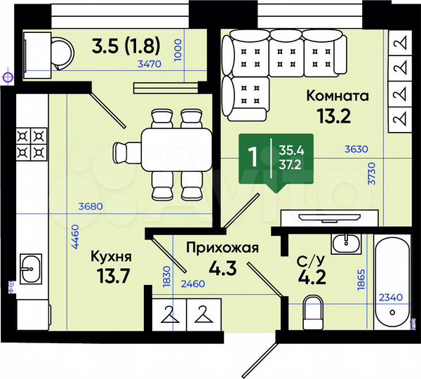 1-к. квартира, 37,6 м², 2/3 эт.