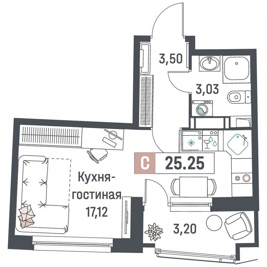Квартира-студия, 25,3 м², 12/18 эт.