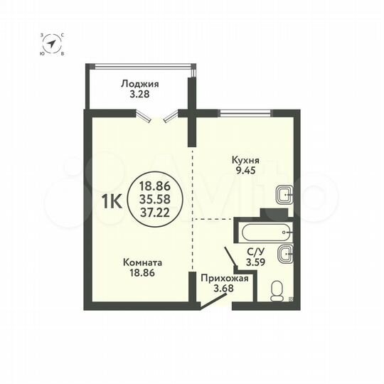 1-к. квартира, 37,2 м², 3/9 эт.