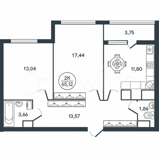 2-к. квартира, 65,1 м², 9/17 эт.