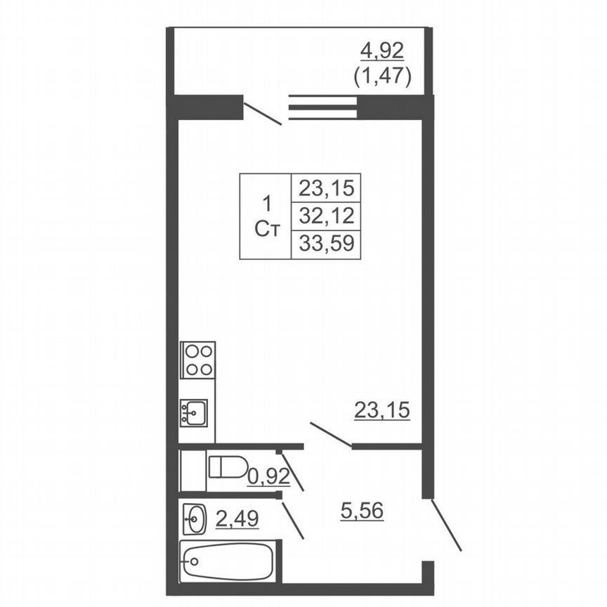 Квартира-студия, 33,6 м², 13/16 эт.