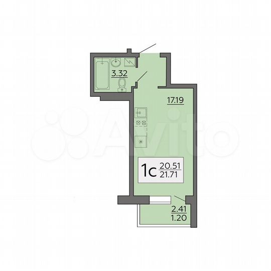 1-к. квартира, 21,7 м², 4/19 эт.