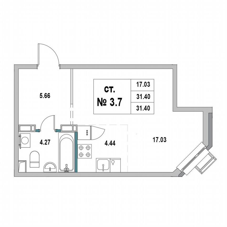 Квартира-студия, 31,4 м², 3/7 эт.