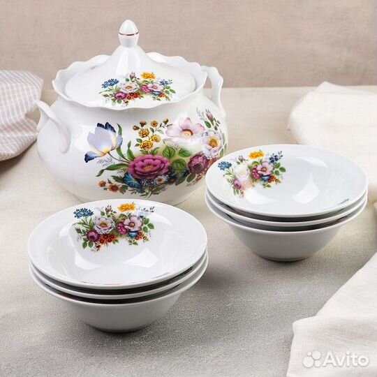 Набор фарфоровый для пельменей 'Букет цветов', 7 п