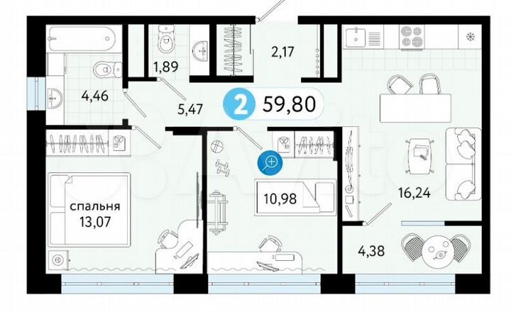 2-к. квартира, 59,8 м², 2/9 эт.
