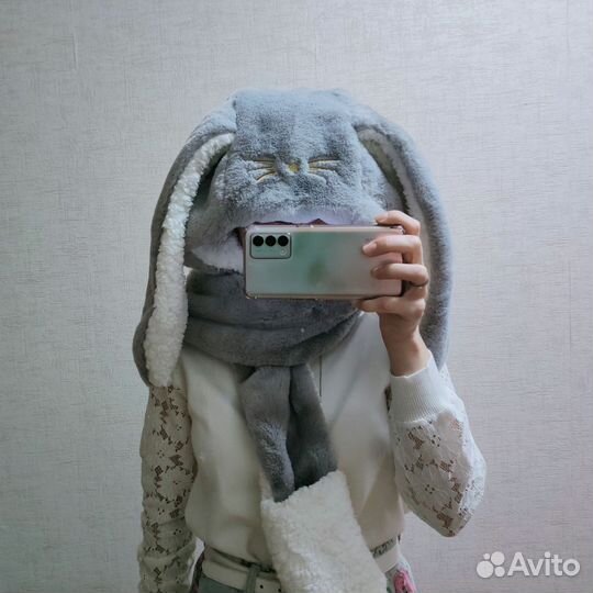 Шапка заяц/кролик с длинными ушками, шарфом, каваи