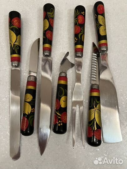 Набор кухонных ножей, принадлежностей. Хохлома